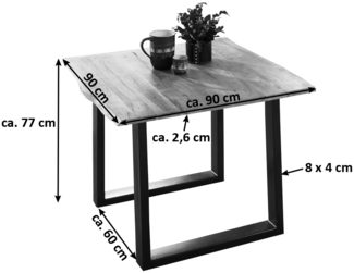 Esszimmertisch Baumkante Esstisch Massivholz Akazie Kufengestell natur 90x90 schwarz 524125