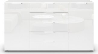 Rauch Möbel Flipp, Kombikommode, Kommode mit Stauraum für Wohnzimmer, Schlafzimmer, Flur, 4 Fachböden, Alpinweiß/Glasfront Weiß, 2-türig, Glastüren, 5 Schubkästen, Griffe weiß, 180 x 100 x 42 cm