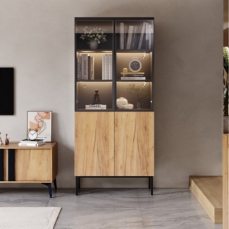 HAUSS SPOLE Vitrine mit Glastüren, LED-Leuchten, Bücherregal, 5-stöckige Glasvitrine Eiche (Hochschrank, Standvitrine, Highboard, 1-St, 5-stöckige) mit LED-Leuchten