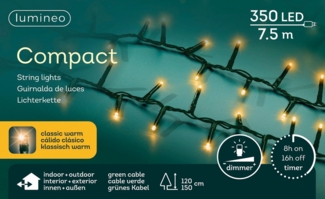 Lumineo LED-Lichterkette Lumineo Lichterkette COMPACT 350 LED 7,5m klassisch warm, grünes Kabel, Dimmbar, 8h-Timer, Indoor/Outdoor, + 5 m Zuleitung