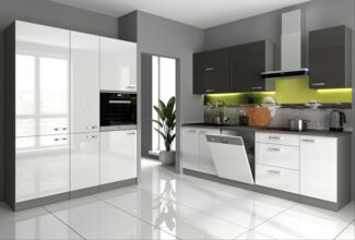 'Bianca V' Küchenzeile, Weiß Hochglanz/Grau, 240 + 160 cm