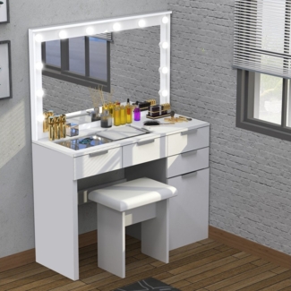WILGOON Schminktisch LED Schminktisch-Set, Einstellbare Helligkeit, Gehärtete Glasplatte (Schlafzimmermöbel Vanity Set, Schlafzimmermöbel Vanity Set mit USB-Anschluss, 12 LEDs, Touch-Dimmen), Make-up Tisch Kosmetiktisch mit Tischplatte aus Gehärtetem Glas