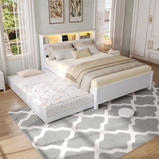 REDOM Holzbett mit Ausziehbett, Ladebuchse & LED-Umgebungslicht (Kinderbett, Familien-Spleißbett, Kopfteil-Aufbewahrung, 120x200 & 90x190 cm, für Gäste und Kinderzimmer), ohne Matratze