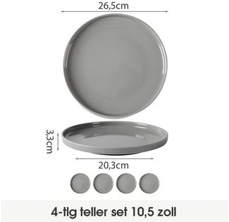 JIWOO Teller 4er Ø25cm, Frühstücksteller Salatteller Steakteller Dessertteller, (4 St), Keramik Tellerset Grau Mikrowellen spülmaschinenfest Ø26,5 cm