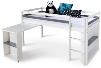 Homestyle4u Funktions-Halbhochbett mit Schreibtisch, Kiefernholz weiß, 90x200 cm