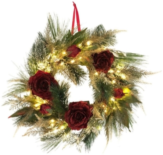 Online-Fuchs Adventskranz als Türkranz / Tischkranz mit 50 LED Lichterkette & 6-Stunden-Timer, ROTE ROSEN mit Glitzerüberzug, hängend oder liegend