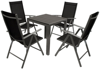 TPFGarden Garten-Essgruppe ASHFORD, (Gartengarnitur - 5-teilige Sitzgruppe - Gestell aus Aluminium grau, 5-tlg, Textilbespannung schwarz - Rückenlehne Sessel 7-fach verstellbar), (4x Klappsessel mit Armlehnen, 1x Tisch 70x70cm)