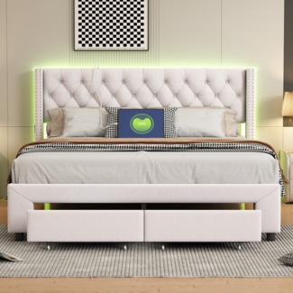 Nietenbett mit Schubladen, LED-Beleuchtung & USB, 160x200cm Beige Samt