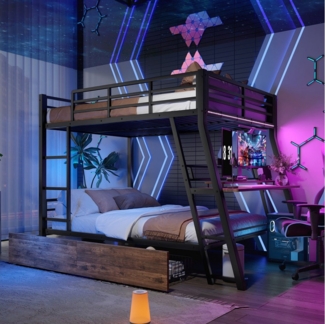 BlingBin Hochbett (1-St, mit Schreibtisch, LED-Beleuchtung, 2 Schubladen und Leiter) 140x200 cm, für Arbeitszimmer, Kinder- und Jugendzimmer, schwarz