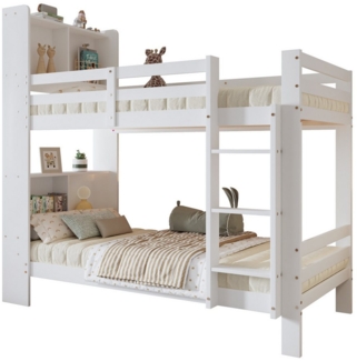 REDOM Etagenbett Kinderbett, mit Regalen & sicherer Winkel-Leiter (aus Massivholz in Weiß 90x200 cm, ideal für Kinder-, Jugend- & Gästezimmer), Ohne Matratze