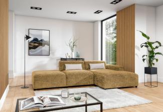 Ecksofa Designersofa ROMY in Stoff Enjoy Me Honiggelb Ottomane Rechts