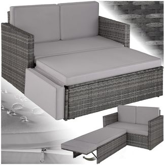 tectake Sofa Set - 2 Sitzer Sessel mit Hocker und Schlaffunktion, kleine Rattan Couch als Outdoor Gartenmöbel, wetterfest für Lounge, Balkon und Garten, klappbar mit Polstern