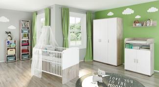 Lani Set 10: best. aus Babybett, Kommode, Wickelaufsatz, Wandboard, Regal mit 3 Fächern, Regal mit 6 Fächern und Kleiderschrank 3-trg.