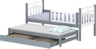 WNM Group Kinderbett Ausziehbar mit Rausfallschutz Suzie - aus Massivholz - Ausziehbett für Mädchen und Jungen - Bett mit Schublade - Funktionsbett 180x80 / 170x80 cm - Grau