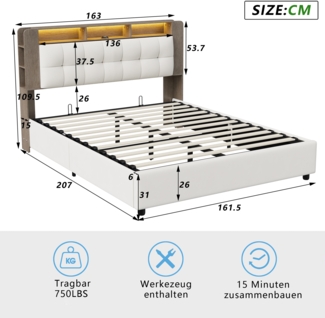160x200cm Elfenbein Samt Bett mit LED-Beleuchtung, Gasdruckfeder & Drahtlosladung