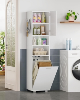 Badezimmerschrank mit Wäschekorb, Badschrank Hochschrank, Wäscheschrank, verstellbaren Regalen, Aufbewahrungsschrank für Badezimmer und Waschküche, 40 x 40 x 170 cm, Weiß