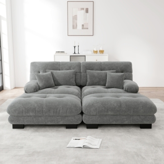 Ecksofa, Cloud Ecksofa für Wohnzimmer Chenille Doppelsofa mit 2 Lendenkissen und 2 Dekokissen Polstersofa mit breiten Armlehnen und 2 Ottomans, Chenille, Grau