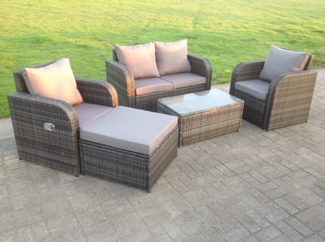 Fimous Balkonmöbel Set 5-Sitzer Polyrattan Garten Sofa Outdoor Gartenmöbel Sitzgruppe Lounge Loveseat mit Kissen;Hocker;Couchtisch Dunkelgrau Gemischt