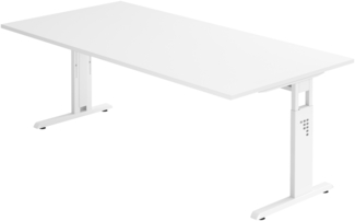 bümö höhenverstellbarer Schreibtisch O-Serie 200x100 cm in weiß, Gestell in weiß - großer PC Tisch für's Büro manuell höhenverstellbar, Computertisch verstellbar, OS-2E-W-W