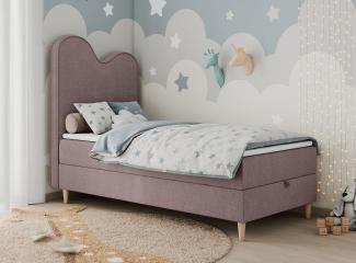 Kinderbett FLOW, Boxspringbett für Kinder, mit hohem Kopfteil, Einzelbett mit Matratze - 90x160 - Rosa Stoff - Topper T25