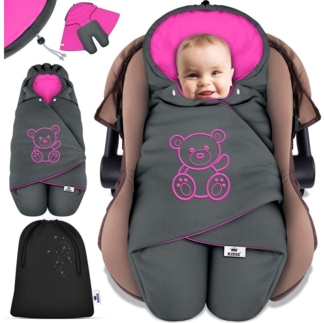 KIDIZ® Baby Einschlagdecke Winter mit Kapuze +Tasche Babyeinschlagdecke Universal für Babyschale, Autositz, z.B. für Maxi-Cosi, Römer für Buggy Babybett Kinderwagen & alle Gurtsysteme 3 & 5-Punkt Gurt Anthrazit / Pink