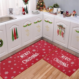 GarveeMore Fußmatte Weihnachts Sets,Weihnachts Küchenmatte Frohe Weihnachten, Schneeflocke 2-teilig rutschfeste Läufer Teppich-Set,40 x 60,40 x 120CM