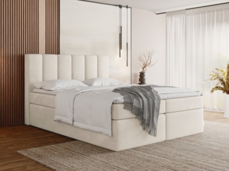 WFL GROUP Boxspringbett Amira mit hohem, gepolstertem Kopfteil, Boucle oder Samt Stoff (erhältlich in 5 Größen 120x200, 140x200, 160x200, 180x200, 200x200 cm), Doppelbett mit Matratze, Topper, Bettkasten & Stauraum, Made in EU
