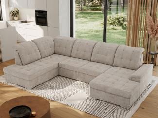 Ecksofa, Wohnzimmer U Couch, Polstersofa mit Bettkasten - MADRITO U - Beige Stoff - Links