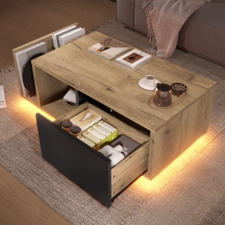 LVHOM Couchtisch Holz mit Fächern und Schubladen, Wohnzimmertisch mit LED, Beistelltisch Scandi, Schwarz/Eiche, 100x53x38 cm