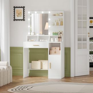 Schminktisch mit Spiegel und 10 LED-Leuchten, Schminktisch mit 3 Ablagen & 4 offenen Fächern, Schminktische mit Großer Schublade & Schrank, 3 Einstellbare Beleuchtungsstärken, Weiß