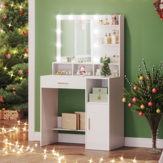 Schminktisch mit Spiegel und 10 LED-Leuchten, Schminktisch mit 3 Ablagen & 4 offenen F?chern, Schminktische mit Gro?er Schublade & Schrank, 3 Einstellbare Beleuchtungsst?rken, Wei?