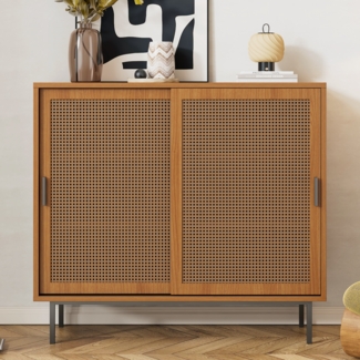 Sideboard mit Rattan-Schiebetüren, Landhausstil walnuss, 100 x 37 x 90 cm