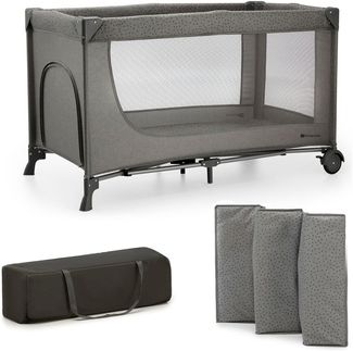 Kinderkraft Joy 2 Kinderbett, 2 in 1 Kinderreisebett, Babybetten, Kinderbett, Reisebett, Modernes Design, Kleine Abmessungen nach Zusammenklappe, Räder, Dunkelgrau