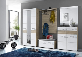 Garderobe FUNNY 5-TLG Hochschrank Paneel Spiegel Schuhkommode Bank Weiß/Eiche