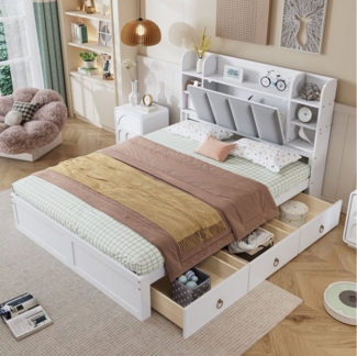 Flieks Massivholzbett, Doppelbett Polsterbett 140x200cm mit Stauraumkopfteil und 3 Schubladen