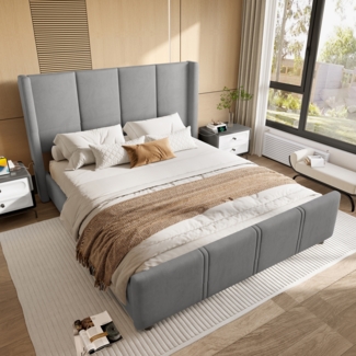 LVHOM Polsterbett hohem Kopfteil & Fußteil 160x200 cm Bettgestell, integriertem USB/Type-C-Anschluss und hochwertigem Samtstoff, Doppelbett