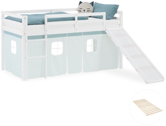 Hochbett Kinder 90x200 cm mit Lattenrost Rutsche Kinderbett Stockbett Vorhang Grün Mintgrün Leiter Holz Massiv