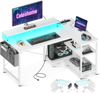 Gaming Schreibtisch L Form LED 120x80cm Eckschreibtisch Weiß mit Regal