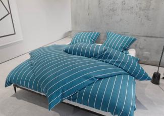 Mako Satin Bettwäsche Urban Stripe petrol blau 240x220 + 2x 80x80