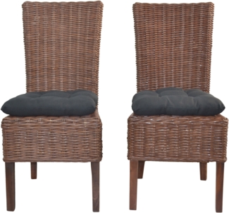 Rattanstühle/Esszimmerstühle 2er-Set, handgeflochten, braun, inkl. Kissen schwarz
