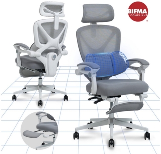 FLEXISPOT Drehstuhl Ergonomischer Bürostuhl mit X-Design (135° neigbare Rückenlehne & 3D-Kopfstütze & zonenverstellbare Lendenunterstützung), Synchron-Armlehnen, Ausziehbare Fußstütze, Drehstuhl für Homeoffice