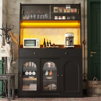 MODFU Hochschrank Küchenschrank,Vitrinenschrank,Buffetschrank (Hochwertiger Küchenschrank mit LED-Beleuchtung, Verstellbaren Ablagen & Kippschutz – Vitrinenschrank für Küche und Wohnzimmer mit 2 Schubladen & App-gesteuertem Licht)