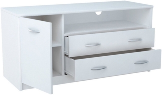 Home Collective TV-Schrank 110cm breit Lowboard mit matter Oberfläche Fernsehtisch mit 1 Tür (abgerundete Kante und Metall-Rollschienen Fernsehkommode) 2 Schubladen und 2 Regalen aus laminiertem Board weiß