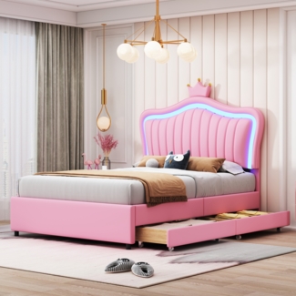 Rosa Prinzessinnen Bett 90x200 cm Mit LED Beleuchtung Und Krone Kinderbett Mit Schubladen Muschel Design Puppenbett Märchenbett Mit RGB Licht