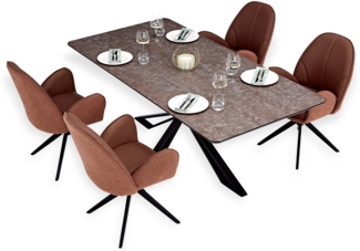 Esstisch mit 4 Stühlen Set Essgruppe Polsterstühle Drehbar Bouclé Leder Braun Esszimmertisch 200x100 cm Metall Schwarz