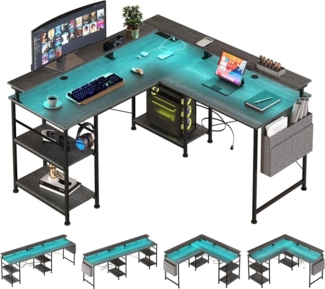 BBWL Computertisch L-förmiger Gaming-Schreibtisch mit LED, Steckdose, Monitorständer, 140 x 140 x 85 cm,mit Ablagefach, langer 2-Personen-Schreibtisch