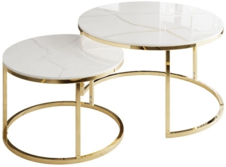 ALLHOUSE24 Couchtisch runder Sofatisch KAYA 2 in 1 Gold Chrom Metall Weiß Marmor Konglomerat (2er Set)