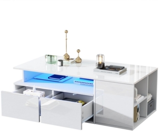 Merax Couchtisch hochglanz Sofatisch Beistelltisch mit LED-Beleuchtung (App-gesteuerter Beleuchtung, 1-St, 100x50x35cm), Beistelltisch Wohnzimmertisch mit 2 Schubladen und 9 Ablagefächern