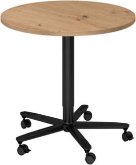 bümö Säulenhubtisch höhenverstellbar, Stehtisch Büro, Bistrotisch rund 80 x 80 cm - Besprechungstisch Asteiche, Stehtisch Holz-Platte, Säule aus Metall in schwarz, Säulentisch, Hochtisch, ST08-R-D