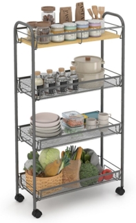 Sekey Rollwagen, Küchenwagen mit 4 Ebenen | Oberer MDF-Platte | Stahl | 360°-Räder | Griff | Nischenregal auf Rollen für kleine Räume, Küche, Bad, Wohnzimmer, Arbeitszimmer | Dunkelgrau